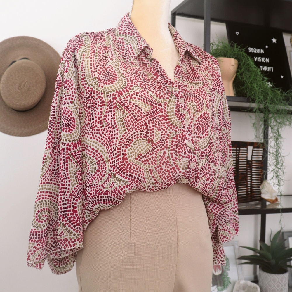 Bell sleeve mosaic print button down